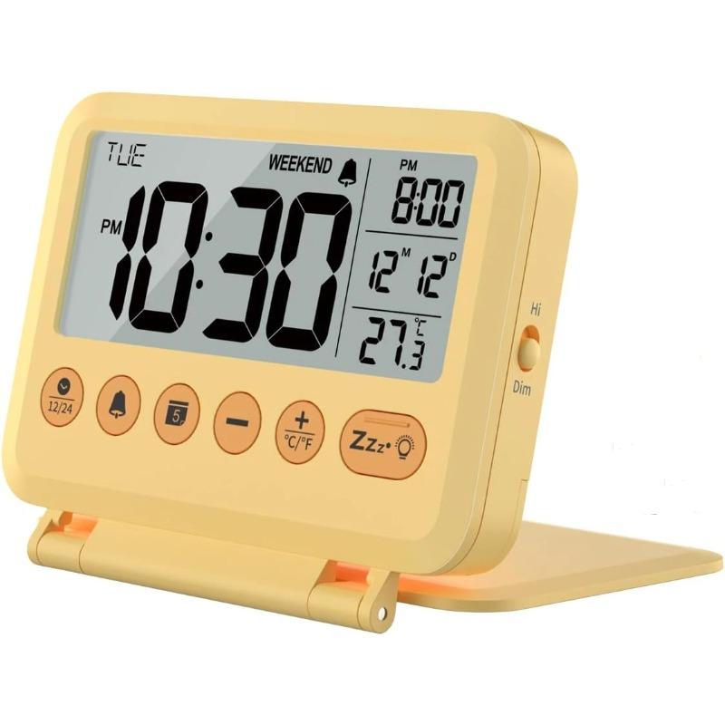 Mini Alarm Clock Electronic LCD Digital Travel Alarm Clock with Thermometer Snooze Calendar 12/24H Alarm Clock Desktop Clock