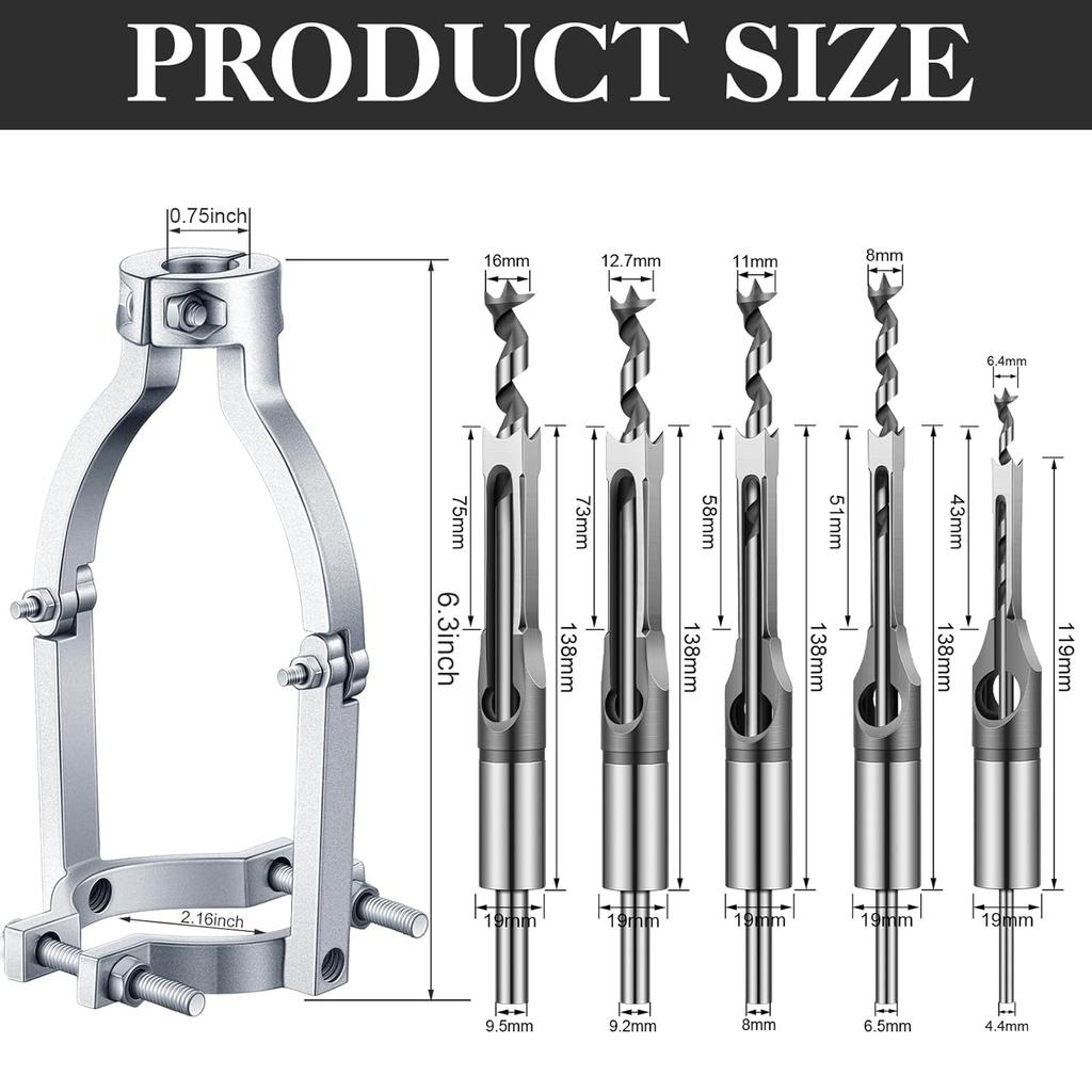 Gisafai Square Hole Drill Bit Adapter and Square Hole Drill Bit Set for Wood Mortising Attachment Drill Press Hollow Chisel Mortise Drill Tool for