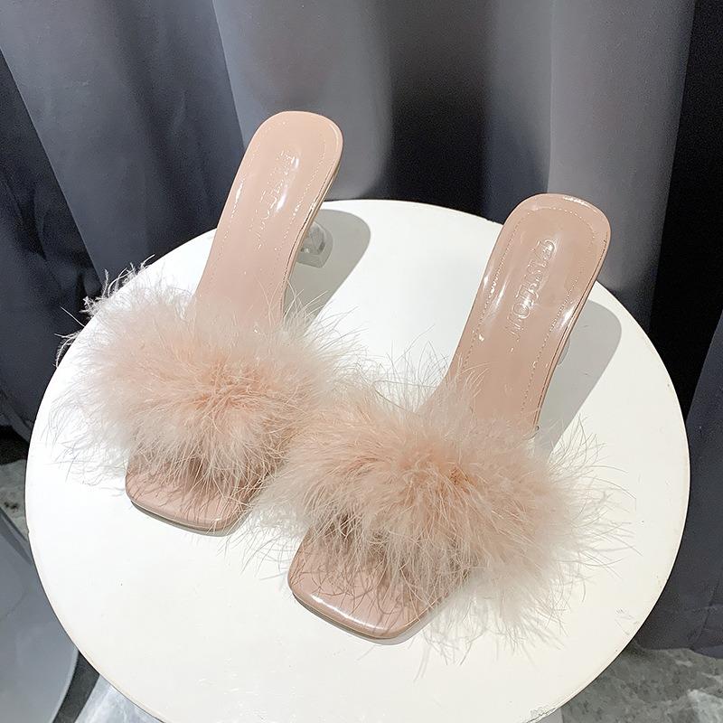New Mao Mao Slippers Women's Outer Wear Summer Transparent Middle Heel Outdoor Slippers Women's Shoes