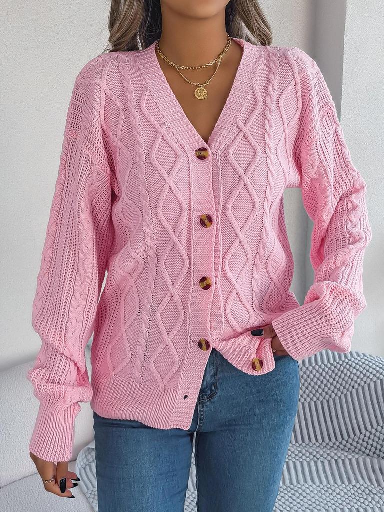 2025 Autumn/Winter V-neck Lantern Sleeve Cable Knit Button Cardigan Sweater for Women