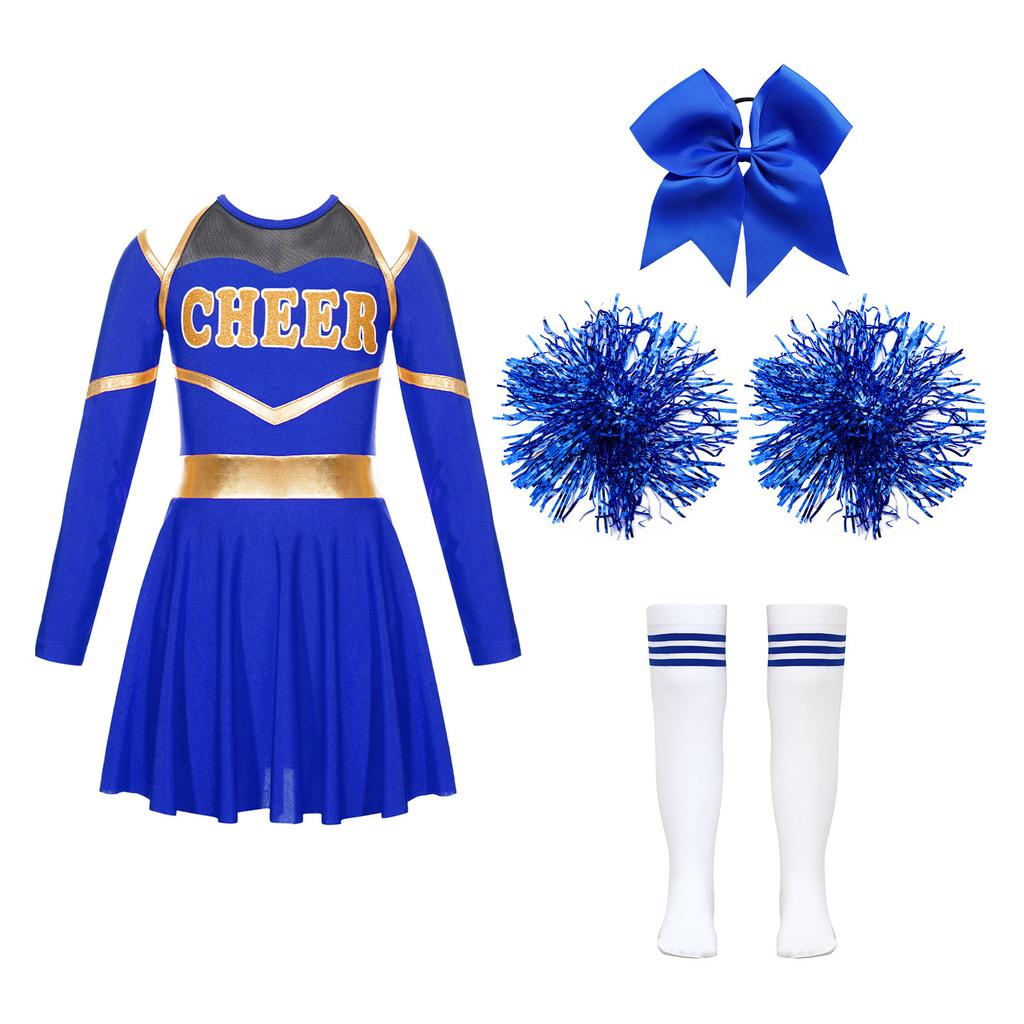 Kids Girls Shiny Cheerleading Costume Schoolgirls Dance Dress Uniform Complete Outfit with Pom Poms for Halloween Party