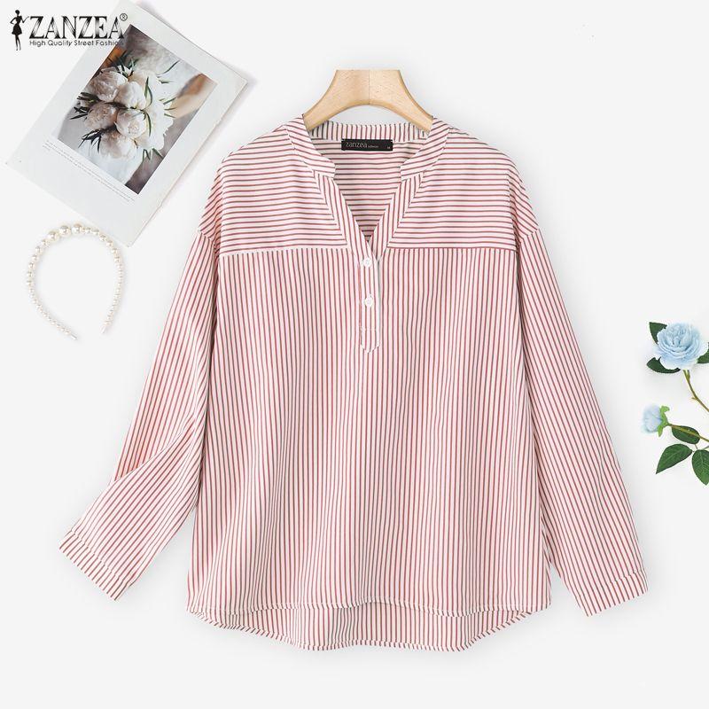ZANZEA Blouse Décontractée Femme Col V Ample Manches Longues Rayures