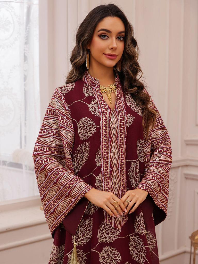 AB423 Plus Size Women's Embroidered Sequin Robe Dress - Middle Eastern, European, American Style