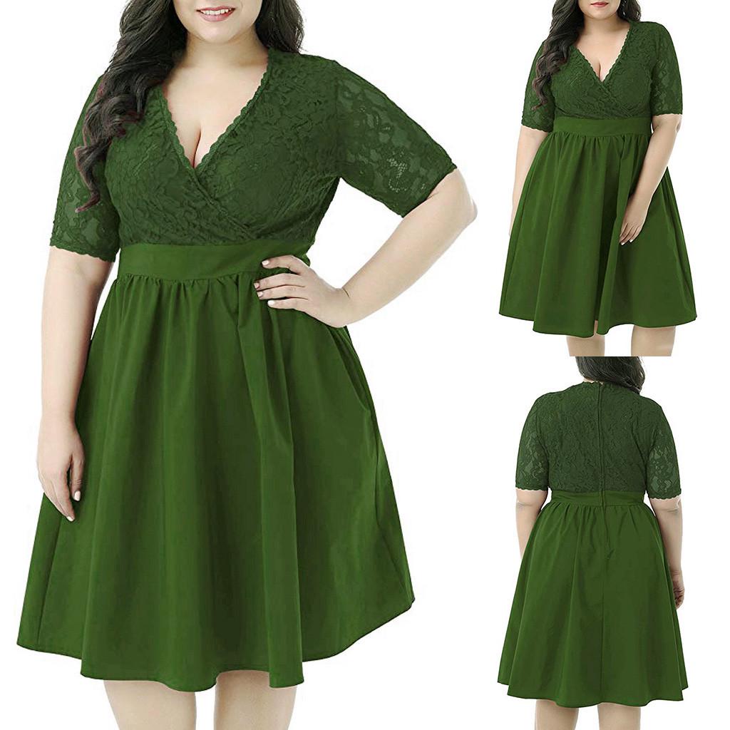 Women Plus Size V-neck Short Sleeve Sexy Lace Stitching Waist Evening Dress