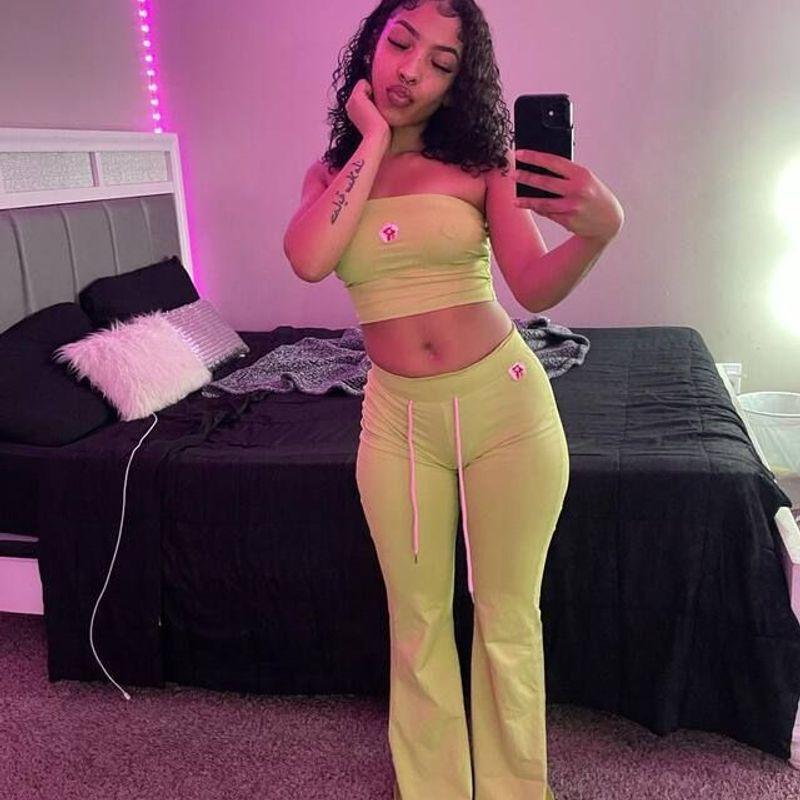 

2024 European and American Foreign Trade New Set Ins Fashion Embroidery Tube Top High Waist Casual Trousers Two-piece Set Bright yellow 555 Embroider S