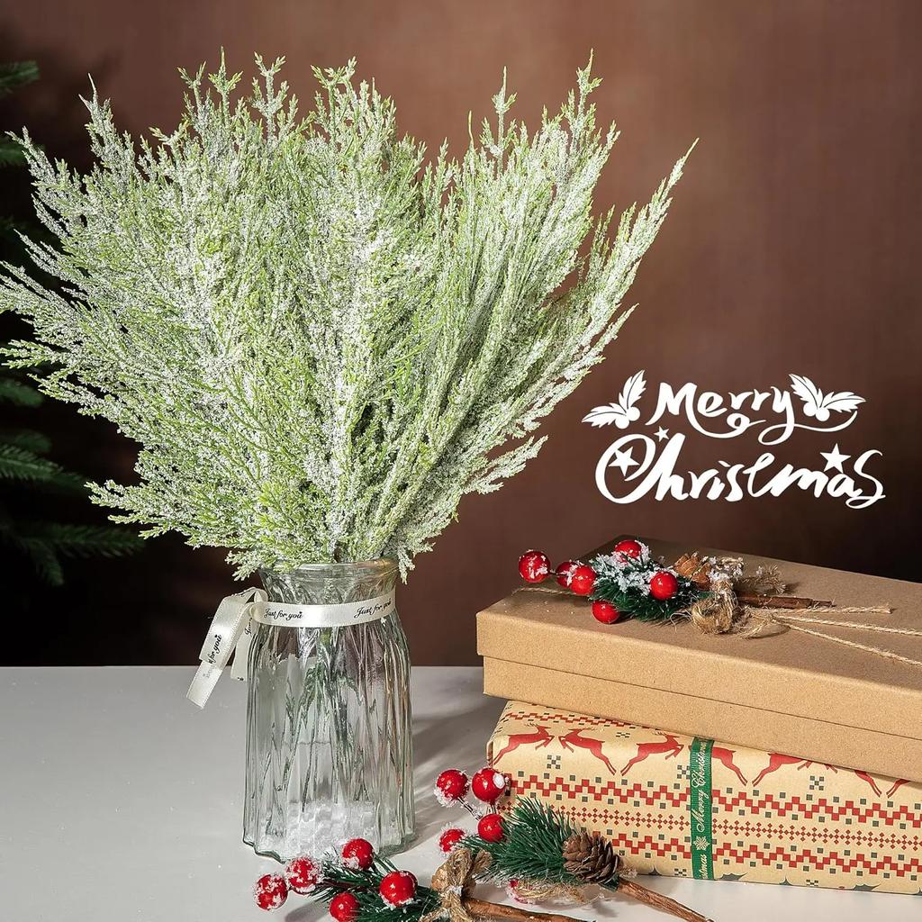 1/60Pcs Christmas Frosted Pine Branches Artificial Faux Cedar Fake Snow Sprigs Pine Leaves Plastic Cypress Garland Wreath DIY