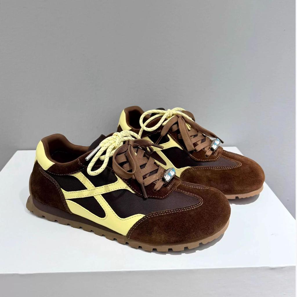 Ruoji 2025 New Leather Retro German Training Shoes Women's Soft-soled Flat-soled Single Shoes Casual Sports Shoes Forrest Gump Shoes Women