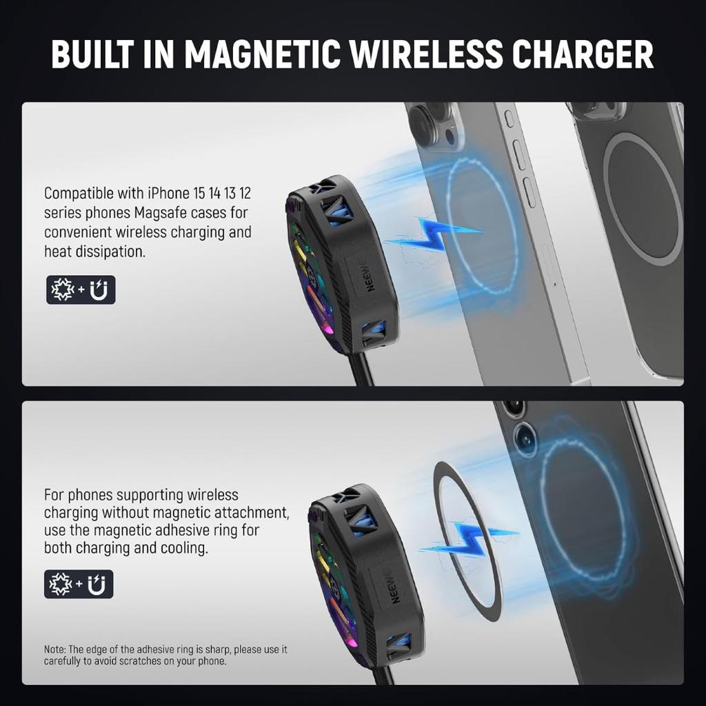 NEEWER Phone Cooler Magnetic Wireless Charger for Phone Gaming Live Streaming Compatible with MagSafe iPhone 16 15 Samsung S25 S24 S23
