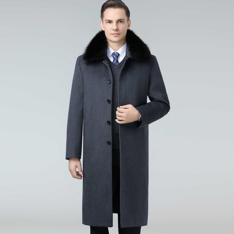 Cashmere Coat Men's Long Over-the-knee Daddy Woolen Woolen Coat Middle-aged Thickened Removable Down Liner Windbreaker