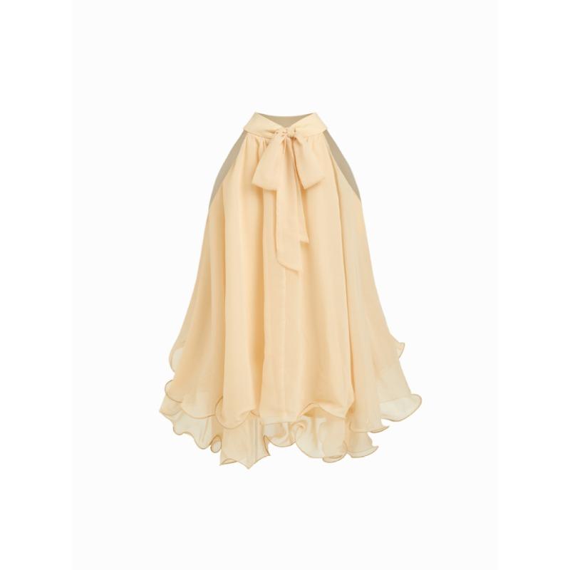 Women s Beige Halter Neck Sleeveless Double Layer Chiffon Blouse S абрикосовый