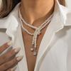 Retro Trendy Pearl Tassel Necklace with Diamond Inlaid Teardrop Gem for Women