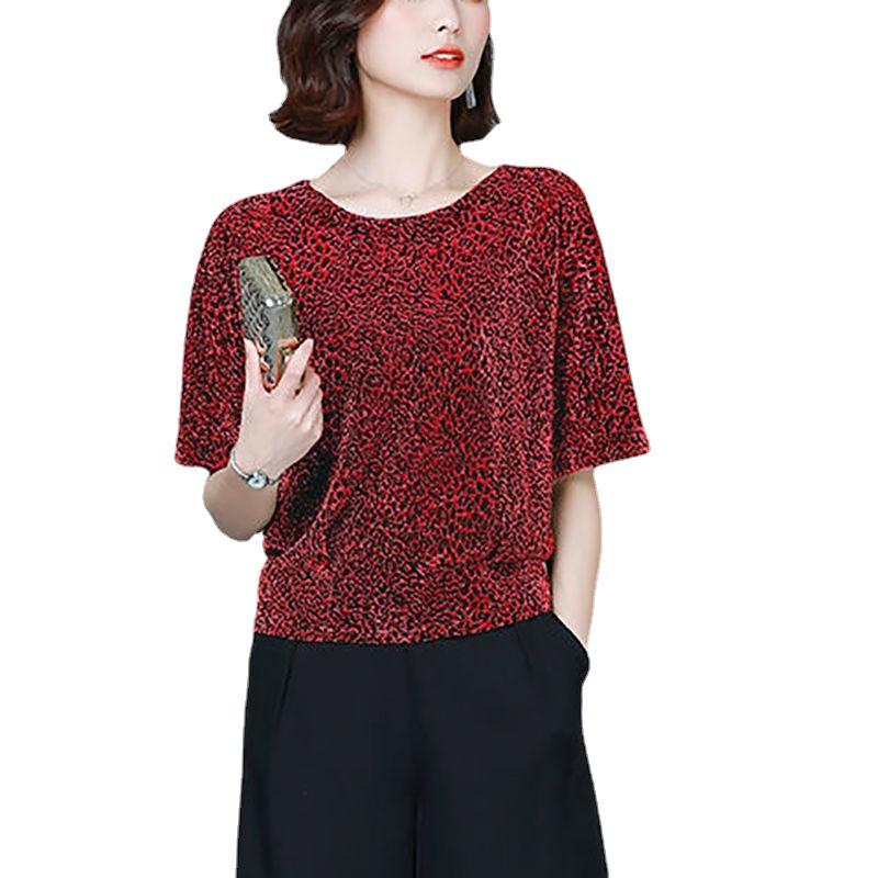 Bright Silk Short-sleeved T-shirt for Women New Summer Loose Belly-covering Leopard Print Top