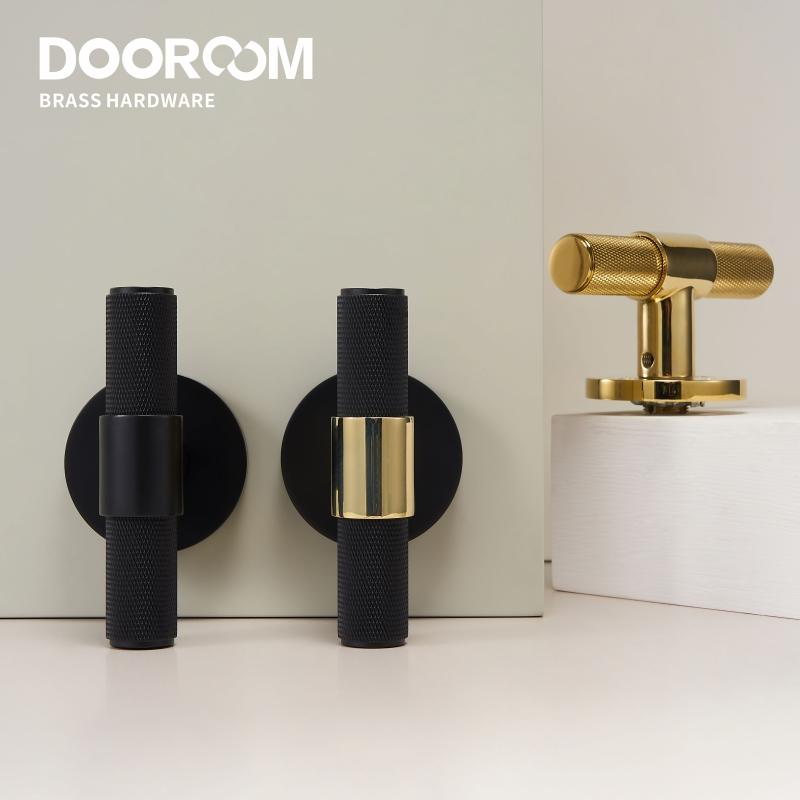Dooroom Brass Door Lever Set Modern Knurled T-bar Interior Bedroom Bathroom Double Wood Door Lock Set Dummy Knob Hidden Door