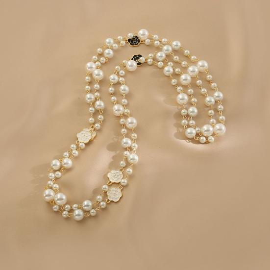 Women Necklace Double Layers Faux Pearl Camellia Decor Sweater Decoration Contrast Color Stainless Smooth Adjustable Women Jewelry