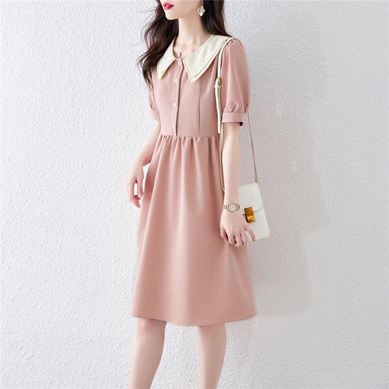 French Style Color Block Short Sleeve Midi Dress