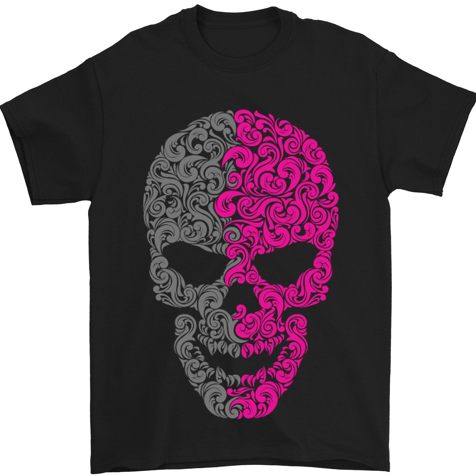 

26 Pink and Grey Skull Pattern Gothic Biker Mens T-Shirt 100% Cotton Unisex T-Shirt M