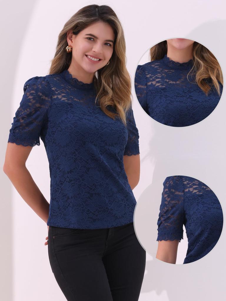 Allegra K Floral Lace Mock Puff Short Elegant Lace Dark Size S Women's Top, Neck, Sleeves, Sleeves, Dressy, Blouse, Blue,