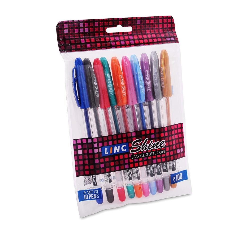 Linc Shine Glitter Gel Pens 1.0mm Multicolour Ink Pack of 1 X 10pcs Click Cap Smooth Writing For School Office Art Projects