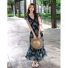Summer Resort Style V-Neck Ruffle Sleeve High-Waist Floral Print Long Dress for Women
