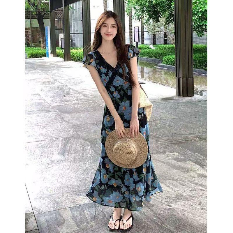 Summer Resort Style V-Neck Ruffle Sleeve High-Waist Floral Print Long Dress for Women