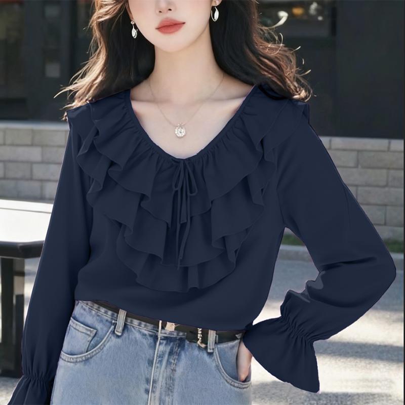 ZANZEA Dámská volná ležérní halenka s volánky, výstřihem do V a dlouhým rukávem