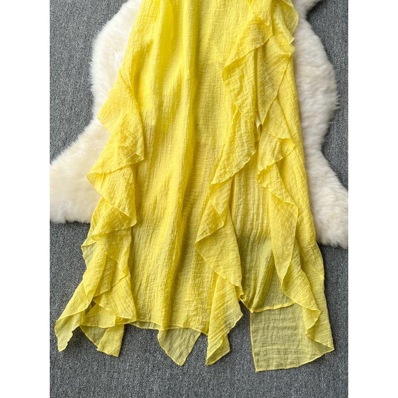 Yellow Vacation Style Dress Women's Stylish Niche Style Ruffles Patchwork Halter Spaghetti Straps Fairy Dress French Dress