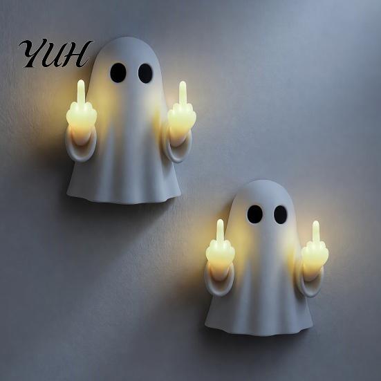 Wiederaufladbare Nachttischlampe 2 Stück Lustige Mittelfinger Geist Nachtlicht, Harz Wandbehang Gruselige Schlafzimmerdeko Lampe, Halloween Licht für Spiel