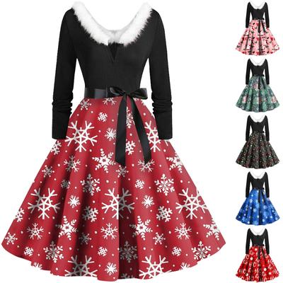 Women's Casual And Fashionable Long Sleeved V-neck Christmas Print Matching Zipper Dress