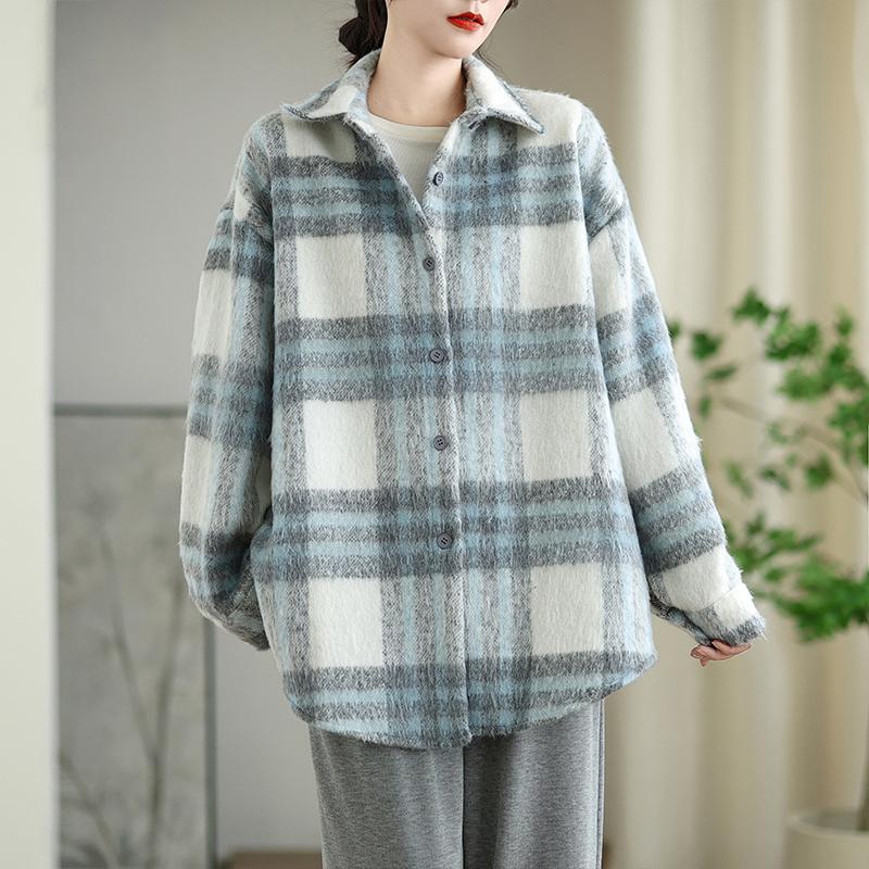 DIMANAF 2025 New Autumn Winter Plus Size Women Coats Jackets Loose Casual Outerwear Vintage Lady Plaid Cotton Thick Long Sleeve