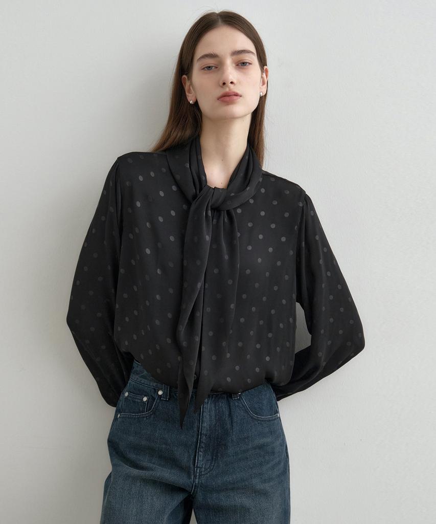 MONGDOL Scarf Tie Blouse Dot Black Mdbl004Dotblack