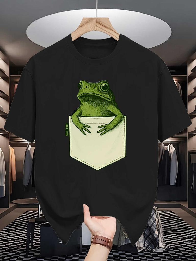 Unisex Crew Neck Tee Pocket Frog Cartoon Print Soft Cotton Loose Breathable Short Sleeve Summer Casual Daily Street Fashion Tops
