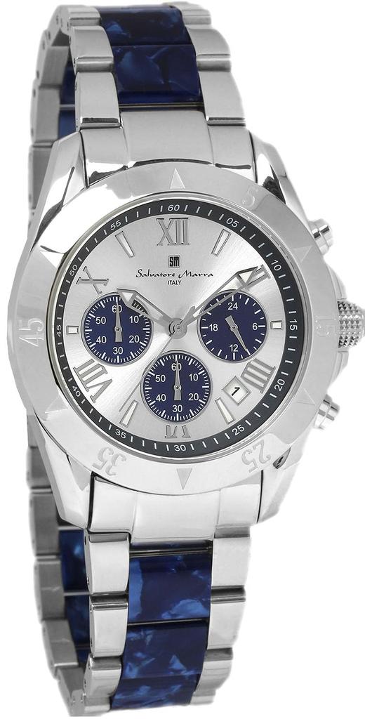 Salvatore Marra Chronograph Watch with Acetate and 20th Anniversary Limited White Blue and Men's Two-Tone Strap, Edition, Silver, SM23105-SSWHBL