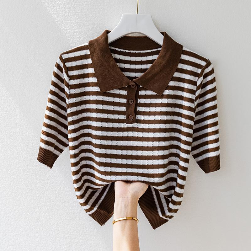 Sweter damski z krótkim rękawem z jedwabiu lodowego, letni, wysokiej klasy, w paski, z kołnierzykiem, modny, wysokiej klasy, wysokiej klasy koszulka polo, t-shirt, top