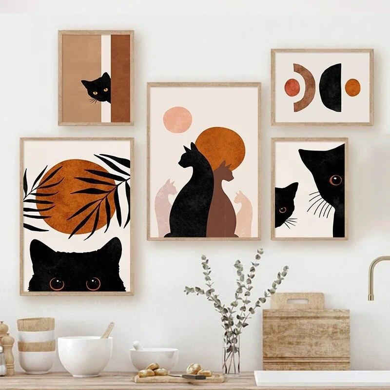 

Солнечные чаши Черные кошки Холст Картина Абстрактная постер в стиле бохо Комната Настенное искусство Детская минималистская нейтральная картина с принтом для домашнего декора