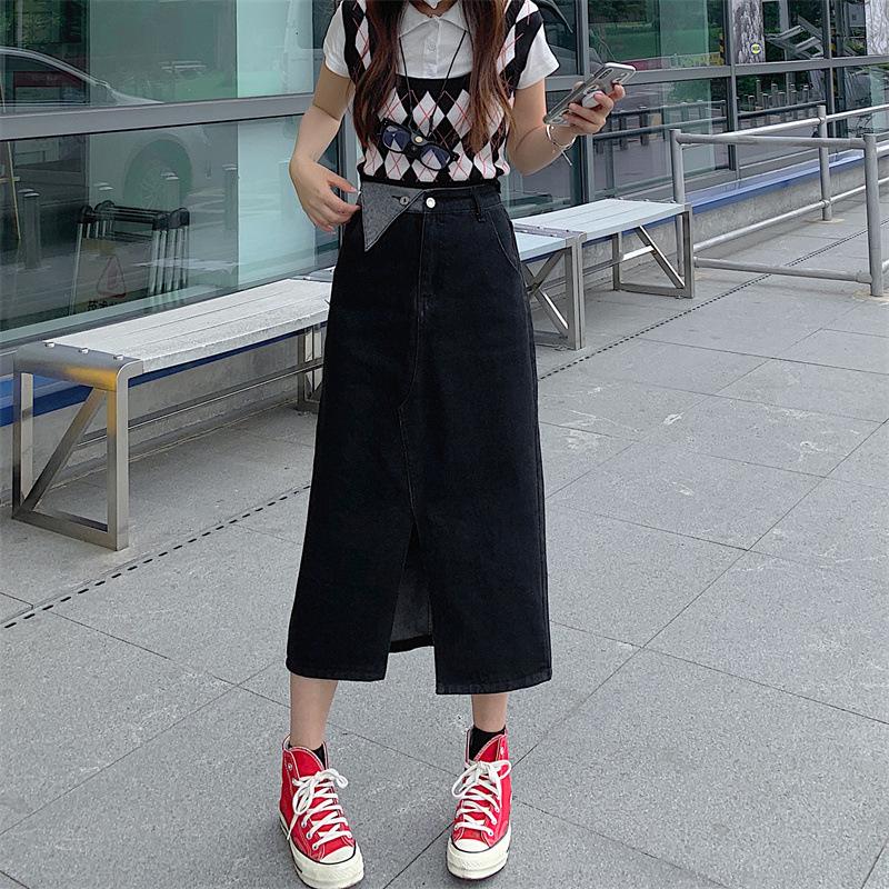 

Корейская джинсовая миди-юбка с нерегулярным разрезом - Большой размер А-силуэта с высокой талией для осени/зимы 4XL черный серый