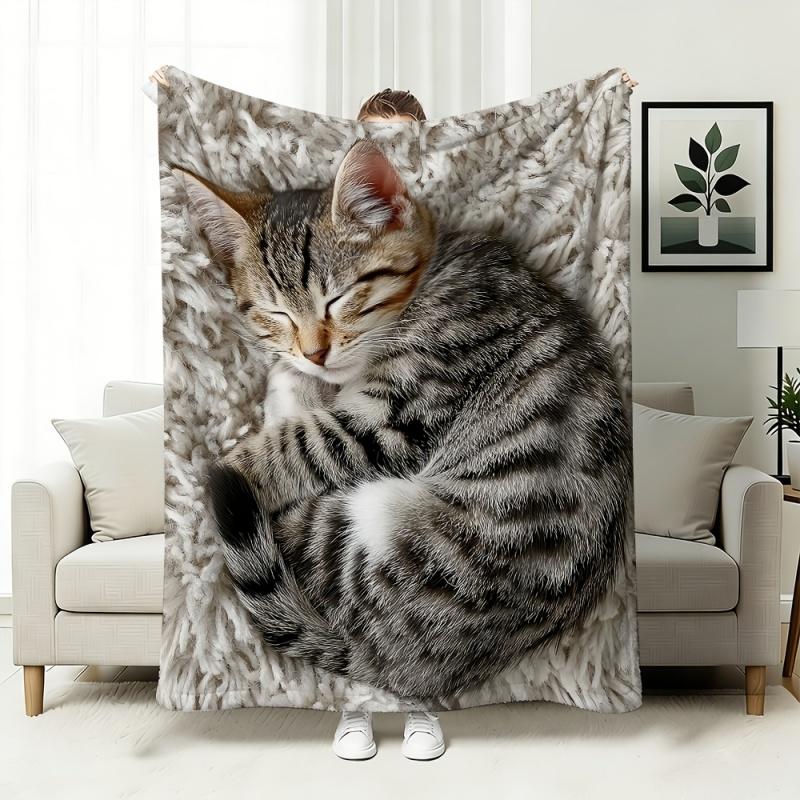 Sleepy Tabby Cat Print Throw Blanket, Realistic Pet Kitten Soft Warm Blanket for Couch Bedroom Home Use
