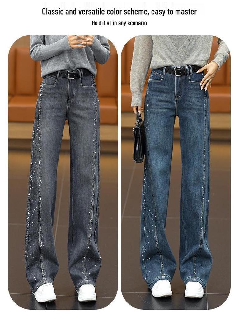 Retro Blue Rhinestone High-Waist Straight Leg Jeans for Women - Stylish, Versatile, Slimming Pants for Spring, Autumn, and Winter 2026