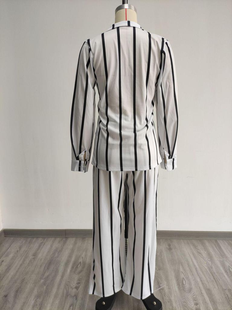 European & American Women's Striped Two-Piece Set: Long Sleeve Shirt & Pants