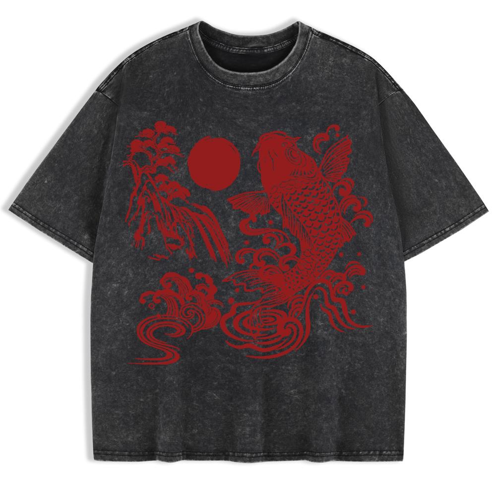 Harajuku Japanische Koi-Prints Gewaschene T-Shirts Herren Baumwolle Oversize T-Shirt Sommer Kurzarm Oberteile Freizeitkleidung