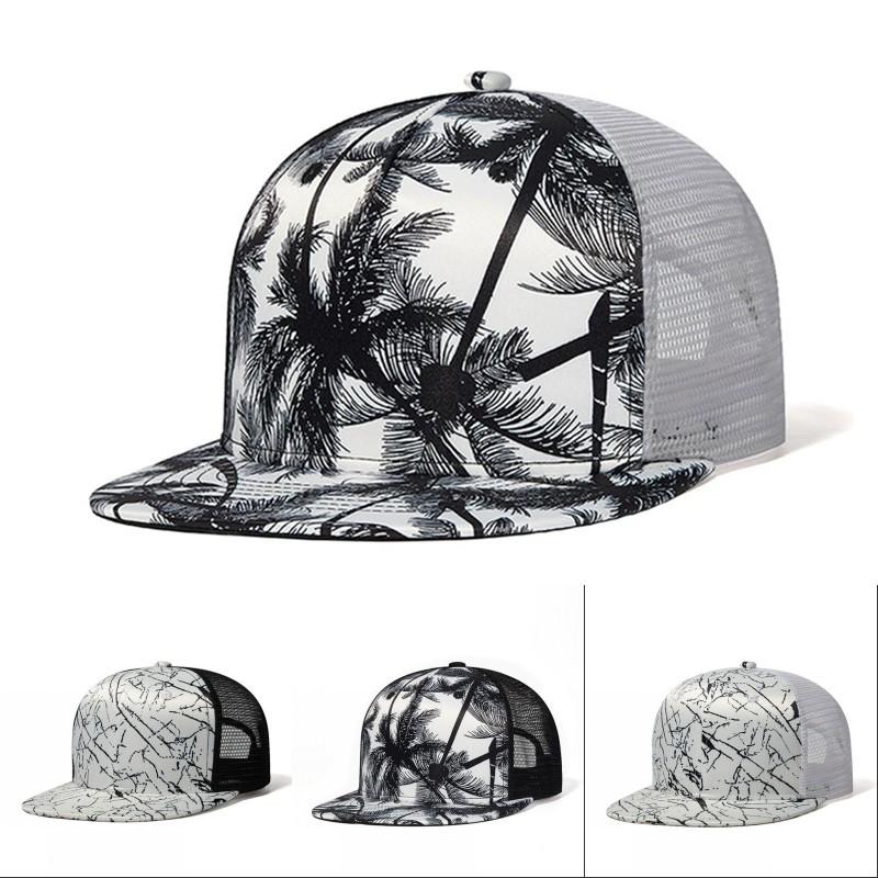 Gorra de Béisbol de Borde Plano Estilo Urbano Hip Hop Malla Transpirable Primavera y Verano Playa Sombrero de Sol con Estampado Digital de Palmera