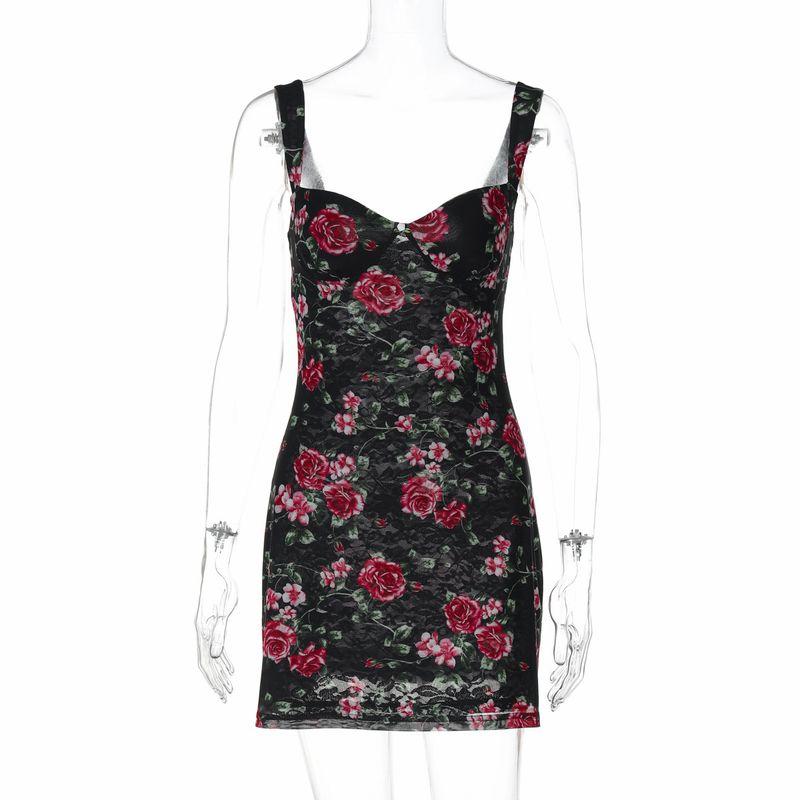 

Mesh Printed V-neck Camisole Dress Mesh Floral Print V-neck Sling Sheath Dress Black S