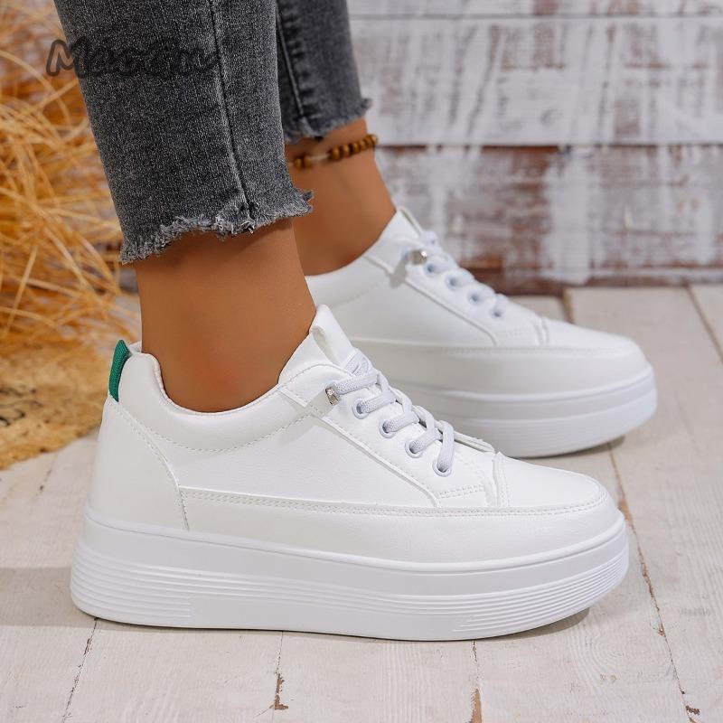 White/Pink Women's Platform Sneakers Thick Sole Casual Daily Wear Ladies School Walking Footwear Lace-Up Fashion Woman Shoes