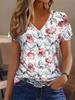 2025 New Summer Women's Floral Print T-shirt V-neck Short Sleeve Street Casual Daily Basic Tops Women's Summer Pullover