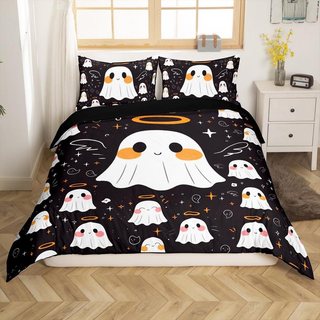 Halloween Ghost Duvet Cover Kawaii Cartoon Ghost Bedding Set Twin Queen For Boys Girl Room Decor Happy Halloween Comforter Cover