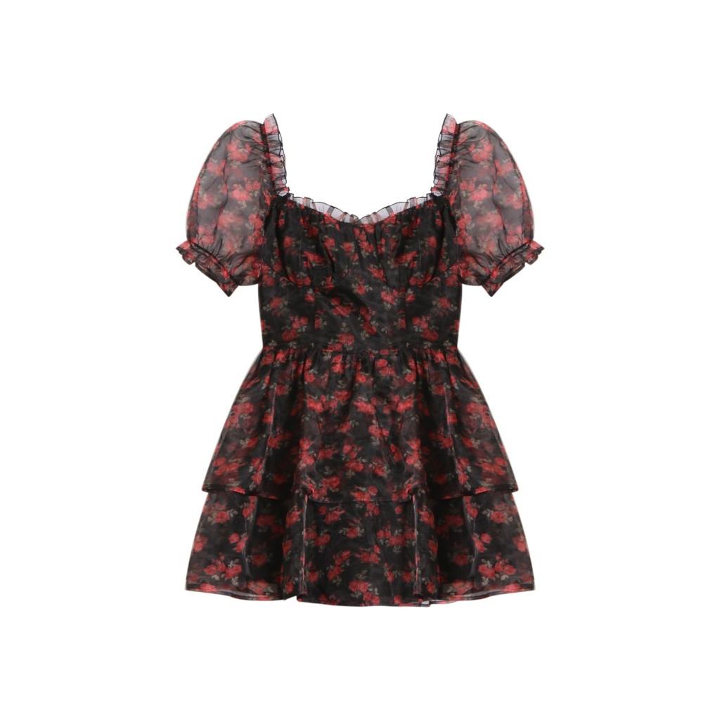 Plus Size Square Neck Short Sleeve Floral Dress for Women Summer Loose Bow Mesh Puff Sleeve Dresses