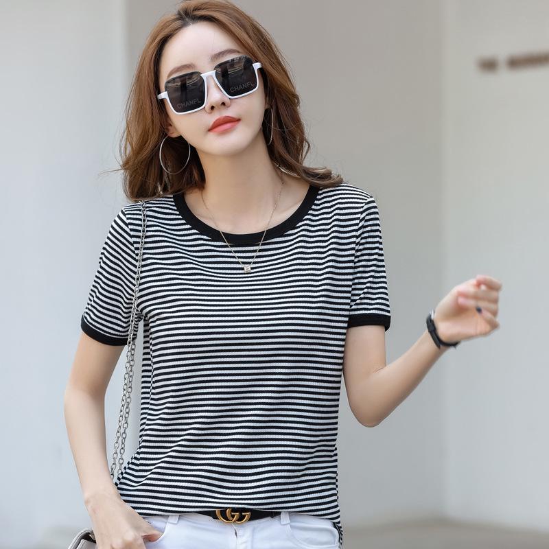 Gestreiftes Kurzarm-Damen-T-Shirt - Schwarz & Weiß, Trendy, Lockerer Europäischer & Amerikanischer Stil (Sommer 2023)