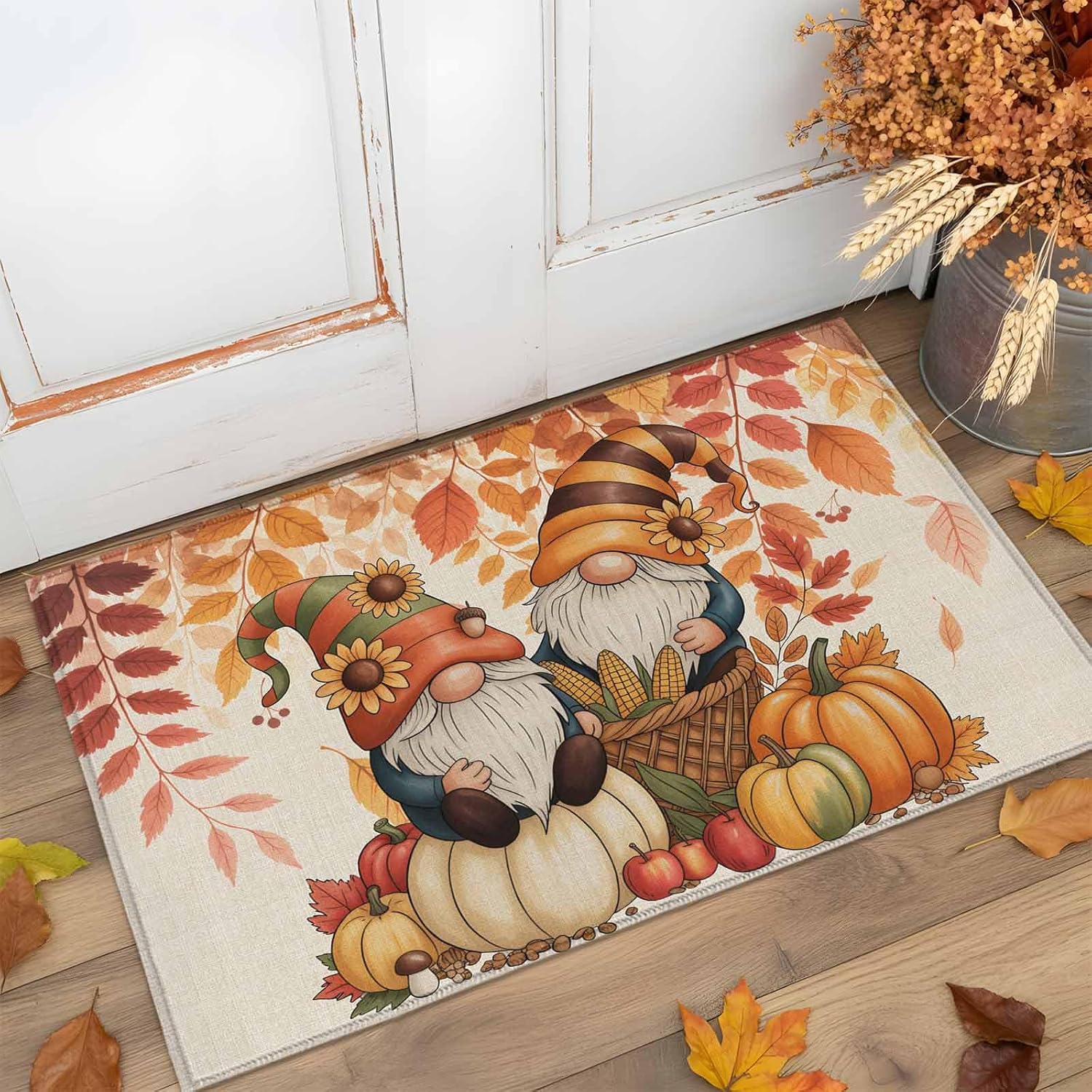 

VIKAMA Коврик на входную дверь с эльфом на День благодарения, тыквой и кленовым листом, коврик для пола в прихожей, устойчивый к пятнам, кухонный коврик, украшение для дома 40x60cm 16x24inch