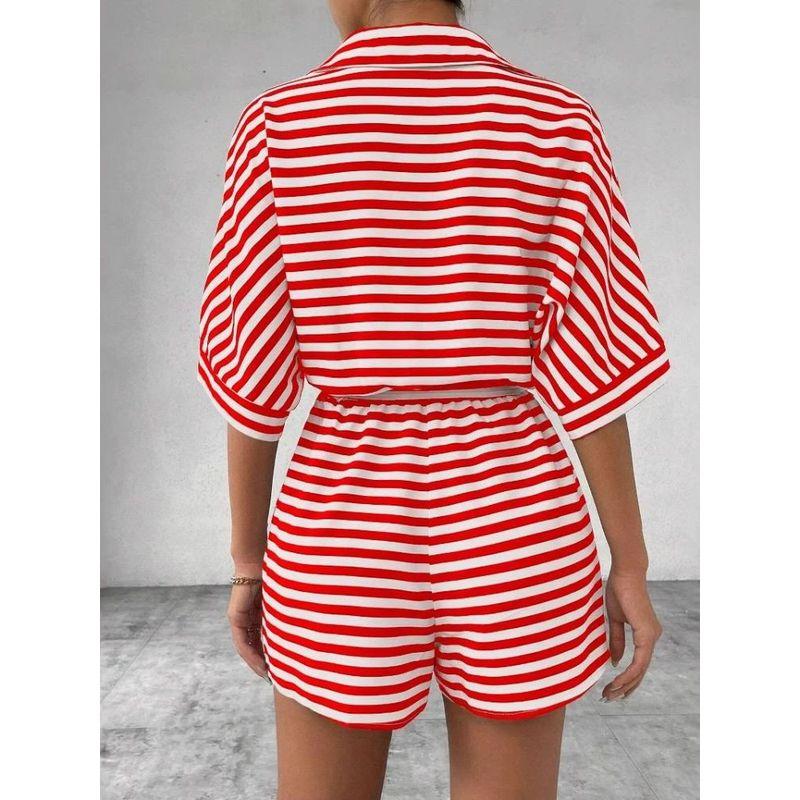 Striped Lapel Mid Sleeved Jumpsuit Shorts Stripes Lapel Mid-Sleeve Jumpsuit