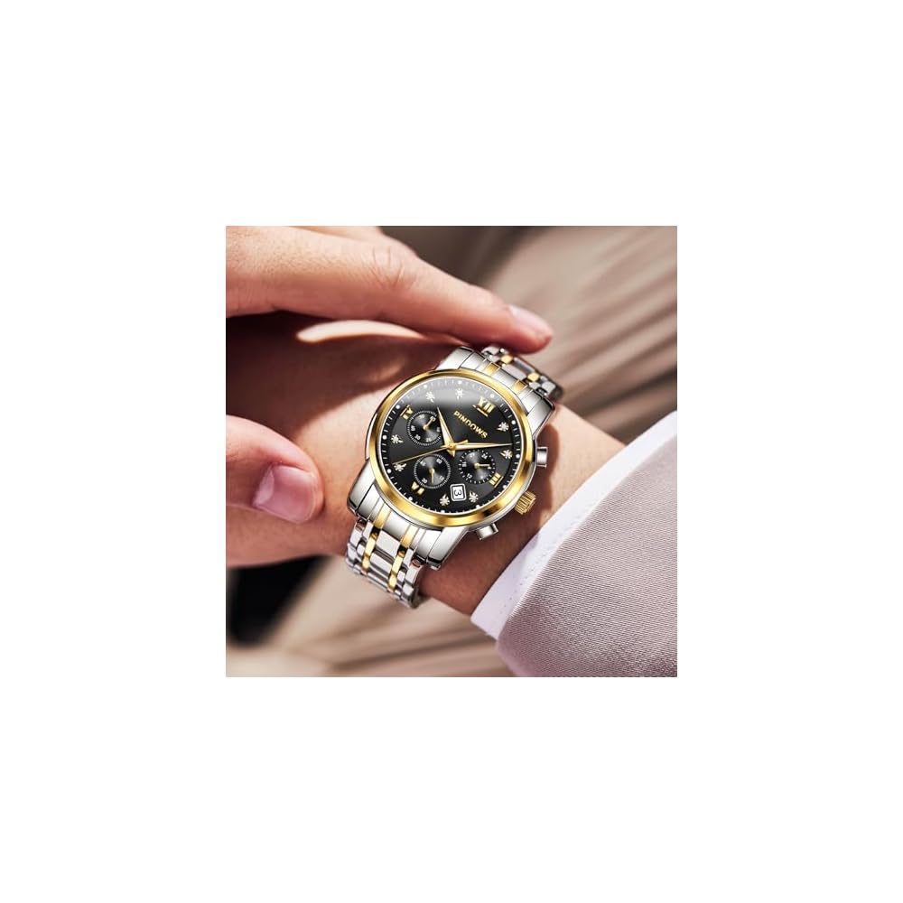 PINDOWS Men's Diamond Business Dress Analog Quartz Watch Waterproof Luminous Date Two-Tone Stainless Steel Band Classic Fashion Watch