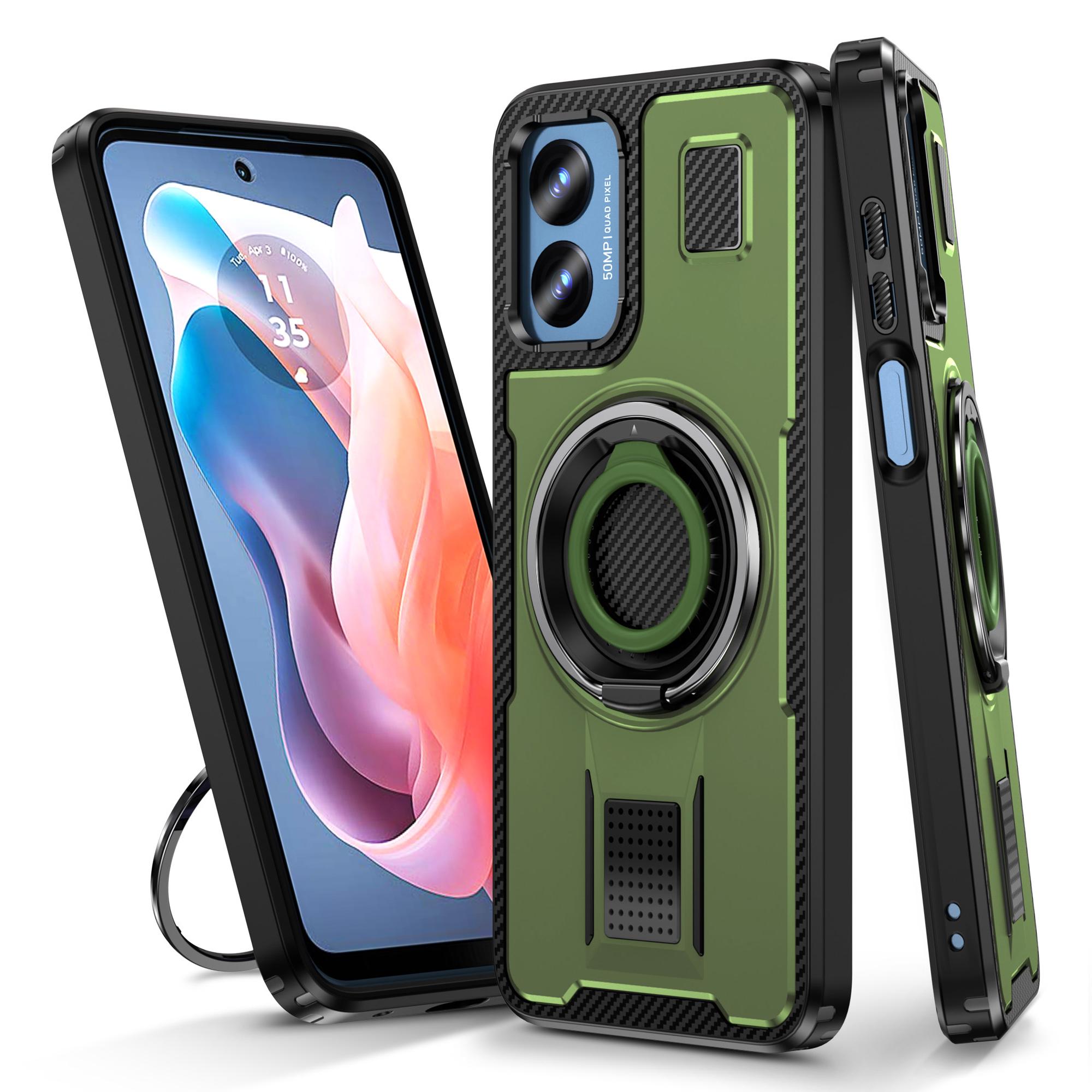 

For Motorola Moto G Play (2024) 4G Case TPU+PC Kickstand Phone Cover with Silicone Finger Strap Army Green